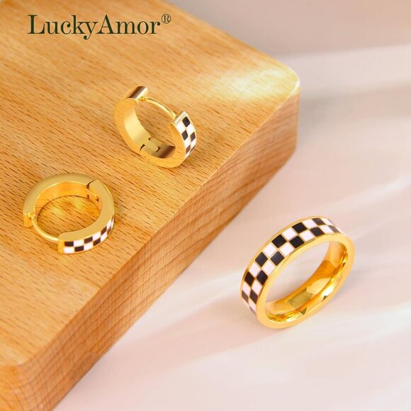 Checkered Jewelry Set Women 18K Gold Plated Stainless Steel Gift-Ready - Picture 7 of 7